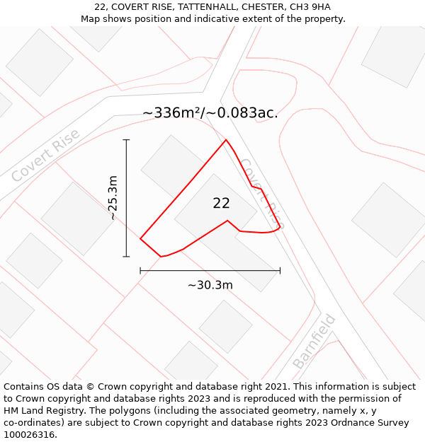 22, COVERT RISE, TATTENHALL, CHESTER, CH3 9HA: Plot and title map