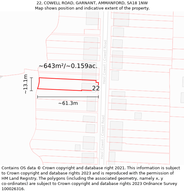 22, COWELL ROAD, GARNANT, AMMANFORD, SA18 1NW: Plot and title map