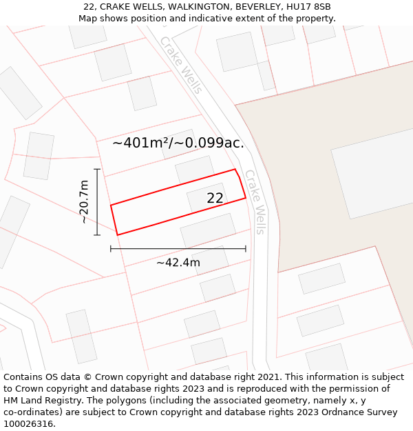 22, CRAKE WELLS, WALKINGTON, BEVERLEY, HU17 8SB: Plot and title map