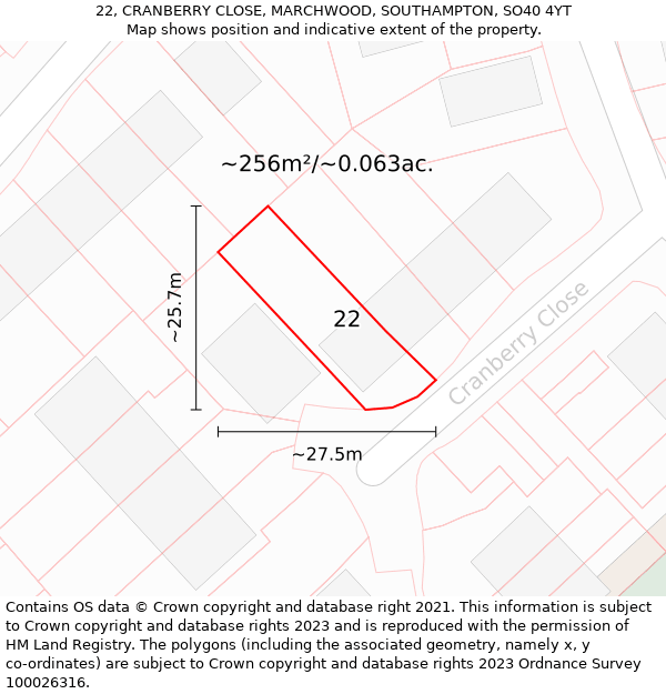 22, CRANBERRY CLOSE, MARCHWOOD, SOUTHAMPTON, SO40 4YT: Plot and title map