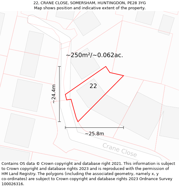 22, CRANE CLOSE, SOMERSHAM, HUNTINGDON, PE28 3YG: Plot and title map