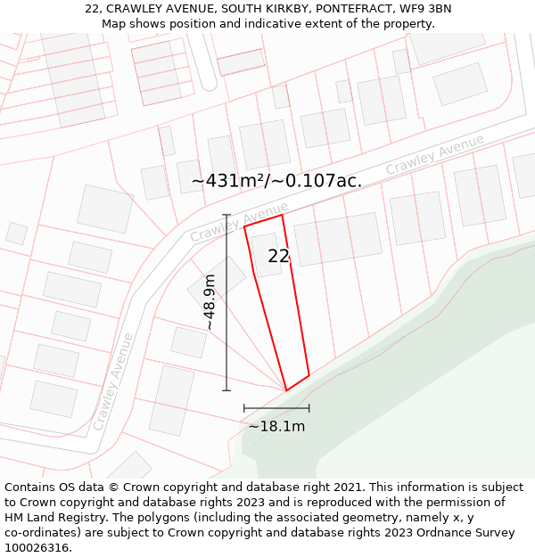 22, CRAWLEY AVENUE, SOUTH KIRKBY, PONTEFRACT, WF9 3BN: Plot and title map