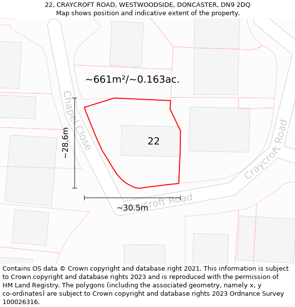 22, CRAYCROFT ROAD, WESTWOODSIDE, DONCASTER, DN9 2DQ: Plot and title map