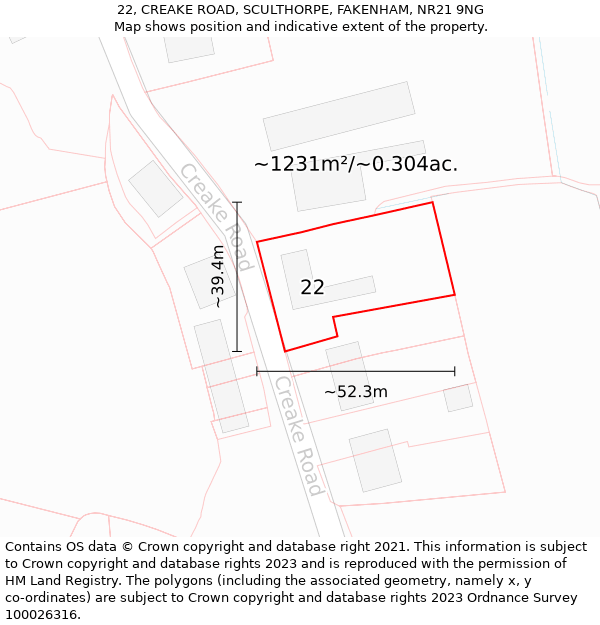 22, CREAKE ROAD, SCULTHORPE, FAKENHAM, NR21 9NG: Plot and title map