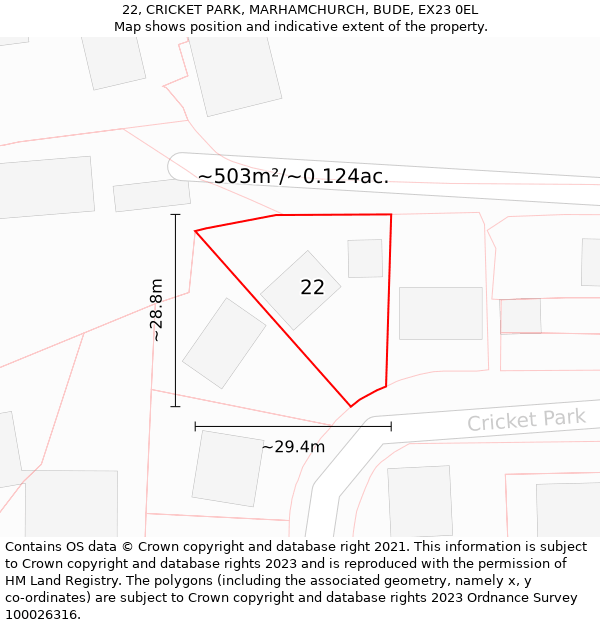 22, CRICKET PARK, MARHAMCHURCH, BUDE, EX23 0EL: Plot and title map