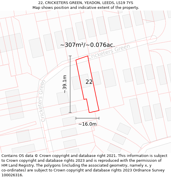 22, CRICKETERS GREEN, YEADON, LEEDS, LS19 7YS: Plot and title map