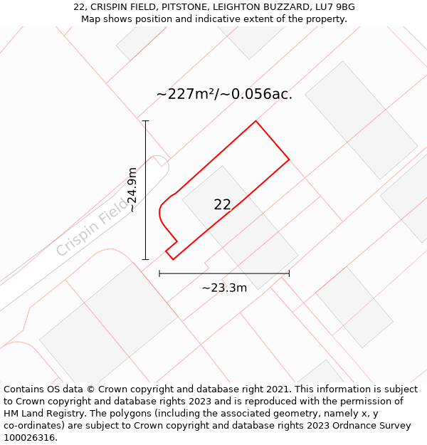 22, CRISPIN FIELD, PITSTONE, LEIGHTON BUZZARD, LU7 9BG: Plot and title map