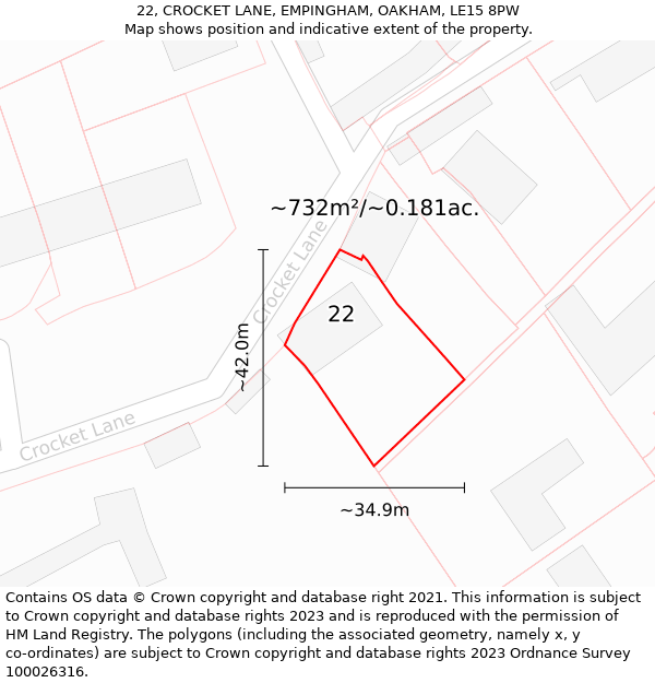 22, CROCKET LANE, EMPINGHAM, OAKHAM, LE15 8PW: Plot and title map