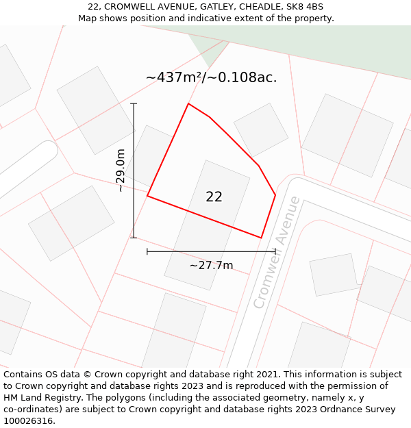 22, CROMWELL AVENUE, GATLEY, CHEADLE, SK8 4BS: Plot and title map