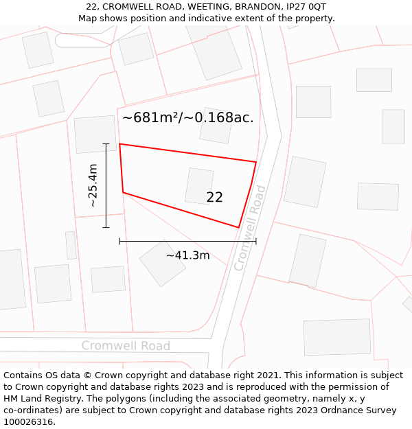 22, CROMWELL ROAD, WEETING, BRANDON, IP27 0QT: Plot and title map