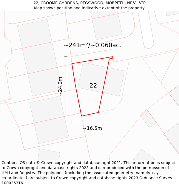 22, CROOME GARDENS, PEGSWOOD, MORPETH, NE61 6TP: Plot and title map