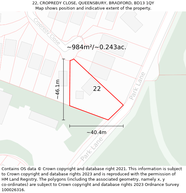 22, CROPREDY CLOSE, QUEENSBURY, BRADFORD, BD13 1QY: Plot and title map