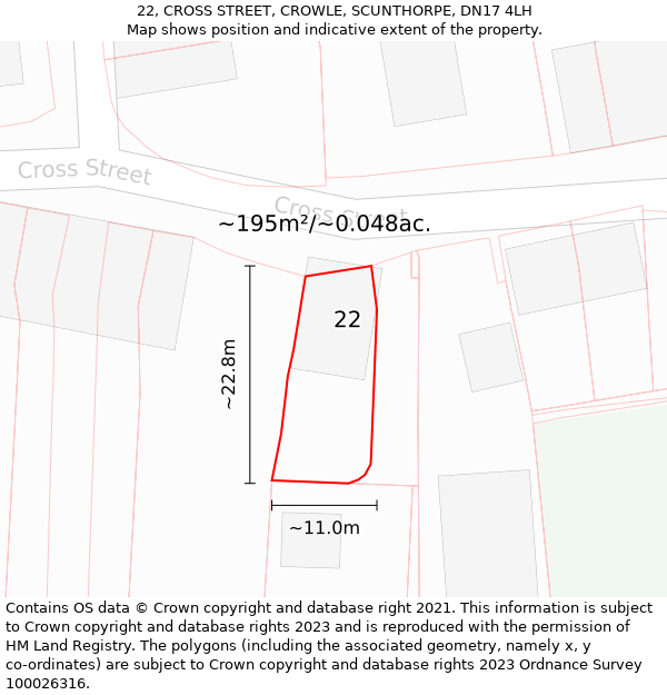 22, CROSS STREET, CROWLE, SCUNTHORPE, DN17 4LH: Plot and title map