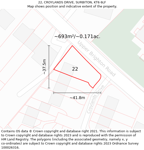 22, CROYLANDS DRIVE, SURBITON, KT6 6LF: Plot and title map