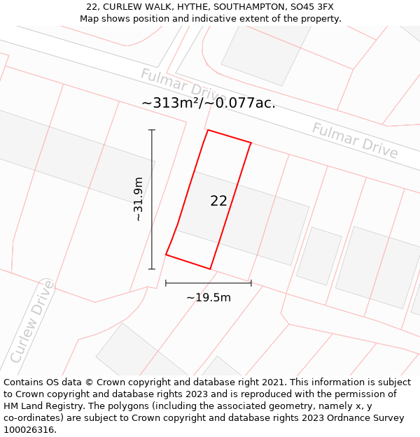 22, CURLEW WALK, HYTHE, SOUTHAMPTON, SO45 3FX: Plot and title map