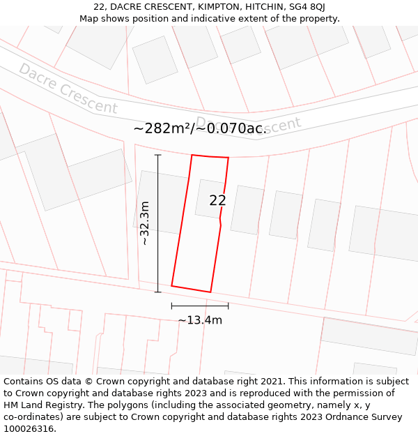 22, DACRE CRESCENT, KIMPTON, HITCHIN, SG4 8QJ: Plot and title map