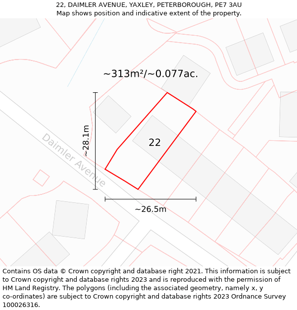 22, DAIMLER AVENUE, YAXLEY, PETERBOROUGH, PE7 3AU: Plot and title map