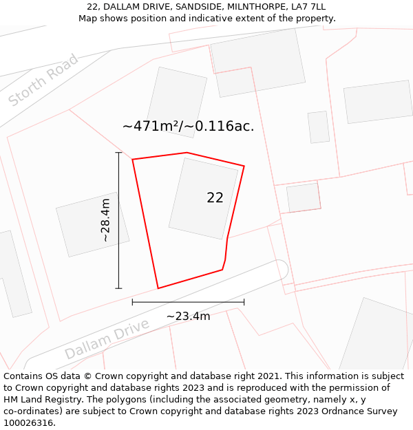 22, DALLAM DRIVE, SANDSIDE, MILNTHORPE, LA7 7LL: Plot and title map