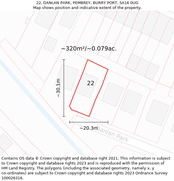 22, DANLAN PARK, PEMBREY, BURRY PORT, SA16 0UG: Plot and title map