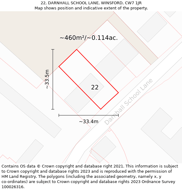 22, DARNHALL SCHOOL LANE, WINSFORD, CW7 1JR: Plot and title map