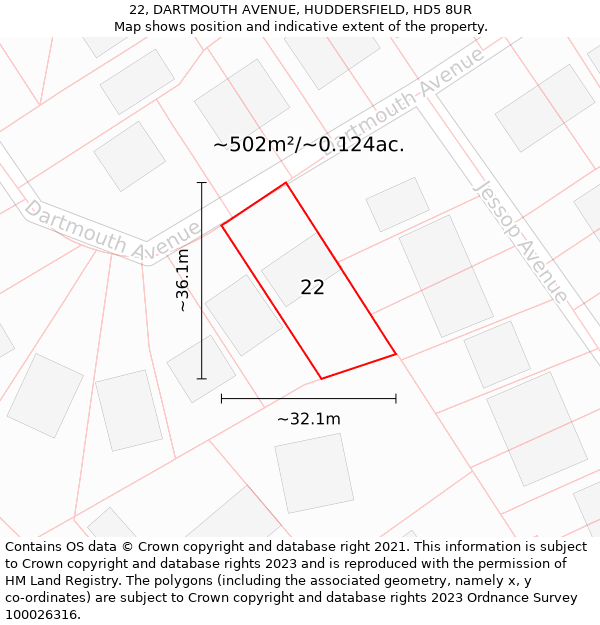 22, DARTMOUTH AVENUE, HUDDERSFIELD, HD5 8UR: Plot and title map