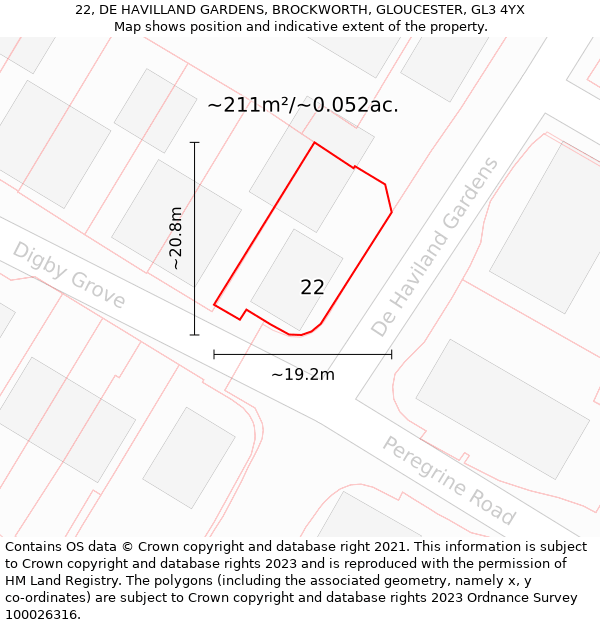 22, DE HAVILLAND GARDENS, BROCKWORTH, GLOUCESTER, GL3 4YX: Plot and title map