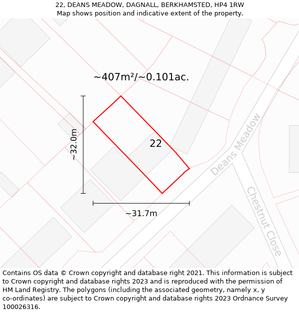22, DEANS MEADOW, DAGNALL, BERKHAMSTED, HP4 1RW: Plot and title map