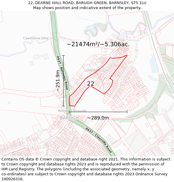 22, DEARNE HALL ROAD, BARUGH GREEN, BARNSLEY, S75 1LU: Plot and title map