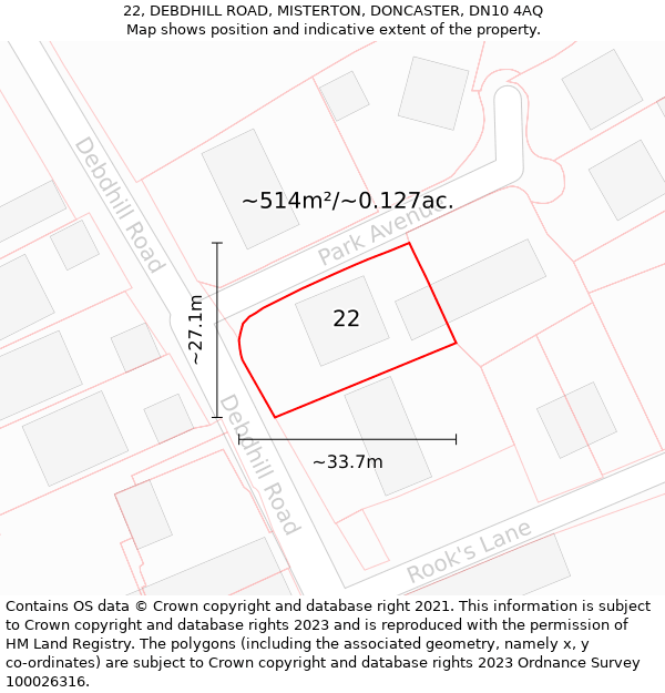 22, DEBDHILL ROAD, MISTERTON, DONCASTER, DN10 4AQ: Plot and title map