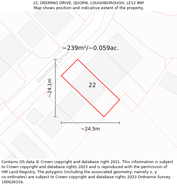 22, DEEMING DRIVE, QUORN, LOUGHBOROUGH, LE12 8NF: Plot and title map