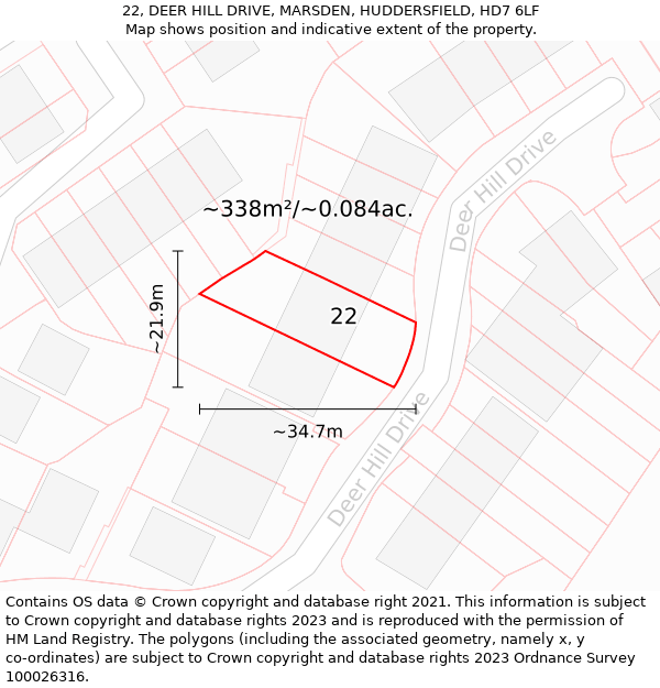 22, DEER HILL DRIVE, MARSDEN, HUDDERSFIELD, HD7 6LF: Plot and title map