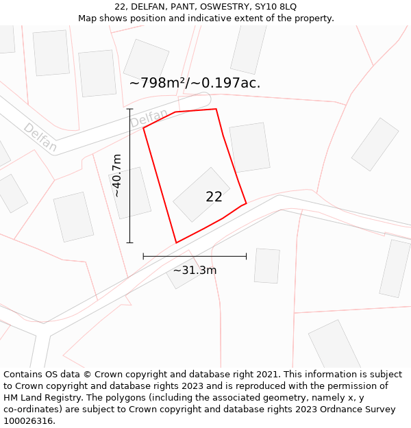 22, DELFAN, PANT, OSWESTRY, SY10 8LQ: Plot and title map