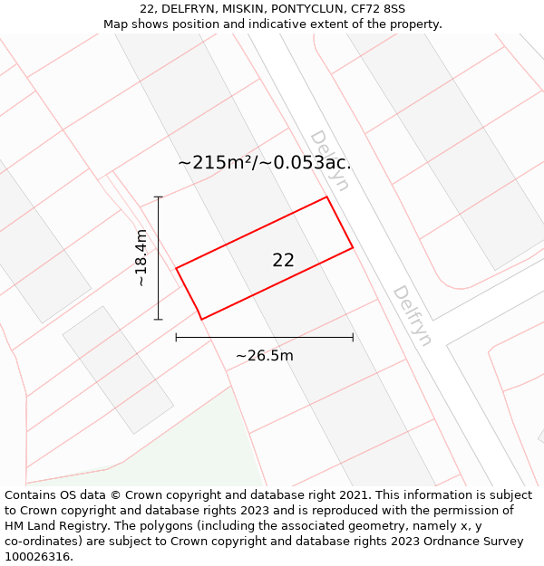 22, DELFRYN, MISKIN, PONTYCLUN, CF72 8SS: Plot and title map