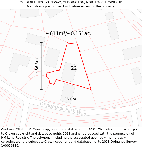 22, DENEHURST PARKWAY, CUDDINGTON, NORTHWICH, CW8 2UD: Plot and title map