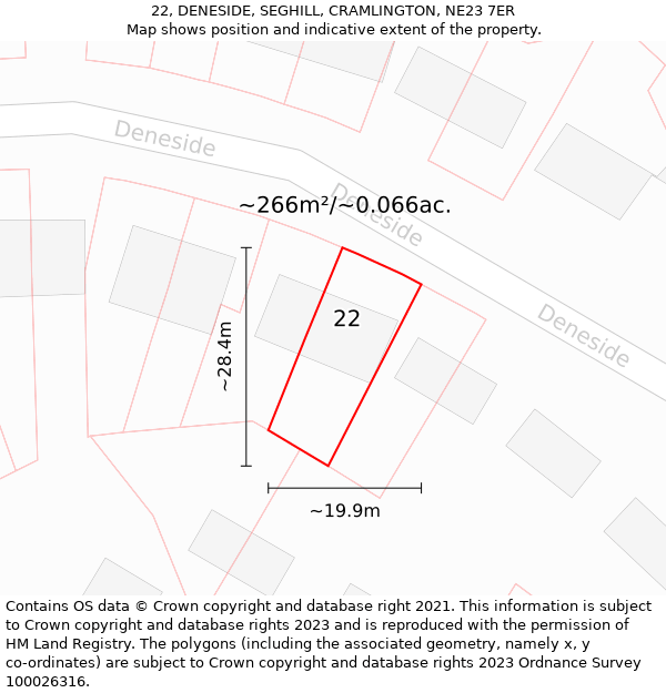 22, DENESIDE, SEGHILL, CRAMLINGTON, NE23 7ER: Plot and title map