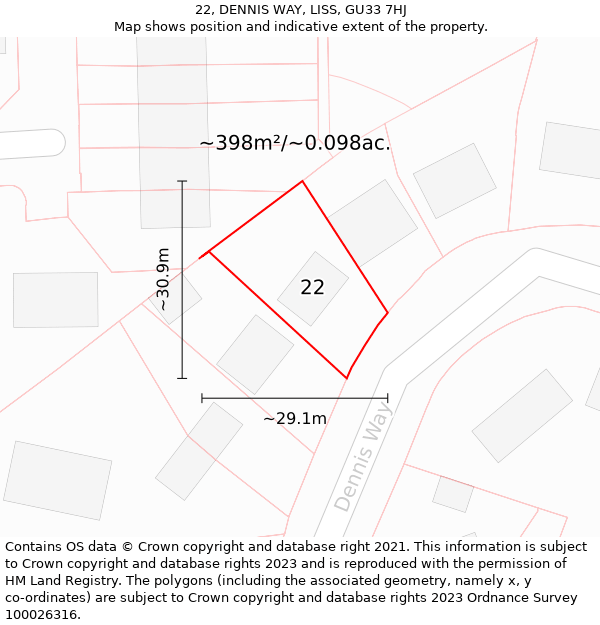 22, DENNIS WAY, LISS, GU33 7HJ: Plot and title map