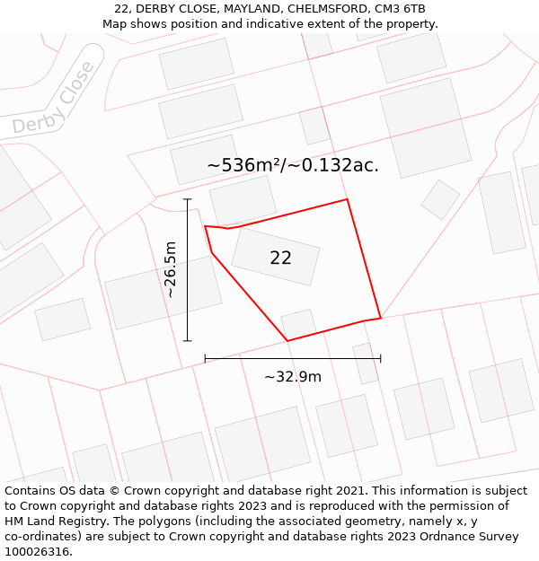 22, DERBY CLOSE, MAYLAND, CHELMSFORD, CM3 6TB: Plot and title map