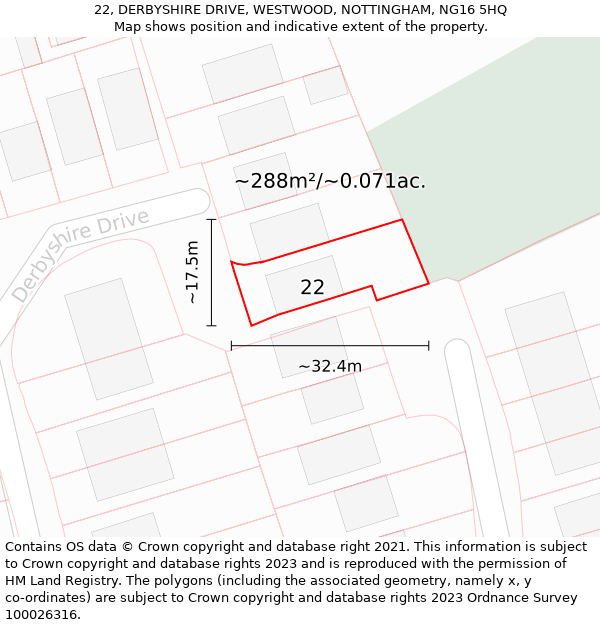 22, DERBYSHIRE DRIVE, WESTWOOD, NOTTINGHAM, NG16 5HQ: Plot and title map