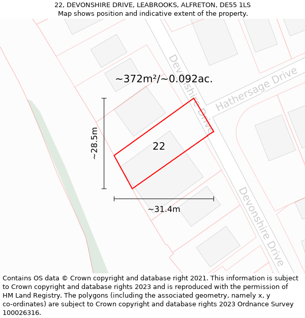 22, DEVONSHIRE DRIVE, LEABROOKS, ALFRETON, DE55 1LS: Plot and title map