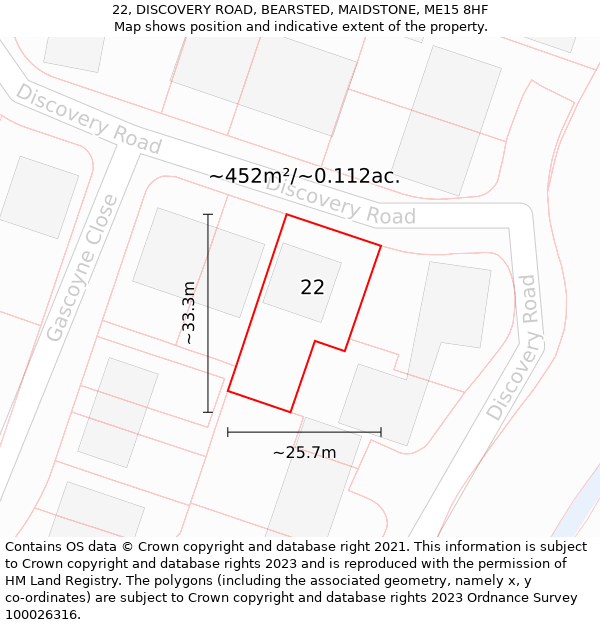 22, DISCOVERY ROAD, BEARSTED, MAIDSTONE, ME15 8HF: Plot and title map