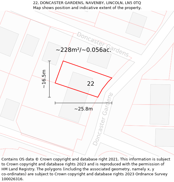 22, DONCASTER GARDENS, NAVENBY, LINCOLN, LN5 0TQ: Plot and title map