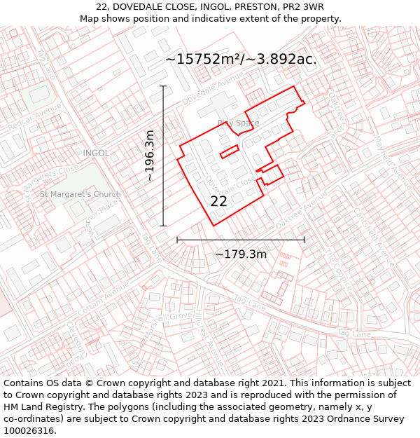 22, DOVEDALE CLOSE, INGOL, PRESTON, PR2 3WR: Plot and title map