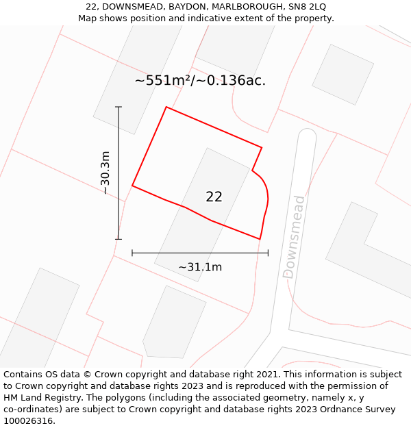 22, DOWNSMEAD, BAYDON, MARLBOROUGH, SN8 2LQ: Plot and title map