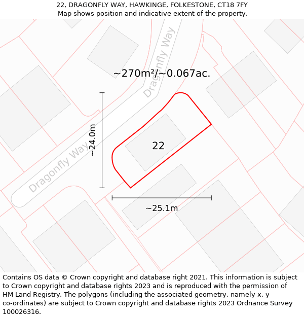 22, DRAGONFLY WAY, HAWKINGE, FOLKESTONE, CT18 7FY: Plot and title map