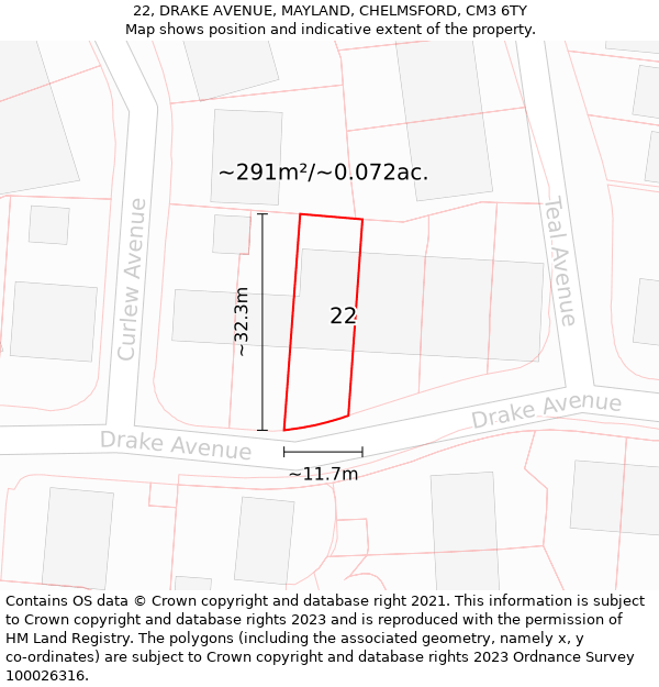 22, DRAKE AVENUE, MAYLAND, CHELMSFORD, CM3 6TY: Plot and title map