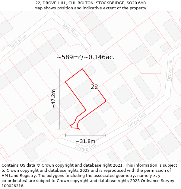 22, DROVE HILL, CHILBOLTON, STOCKBRIDGE, SO20 6AR: Plot and title map