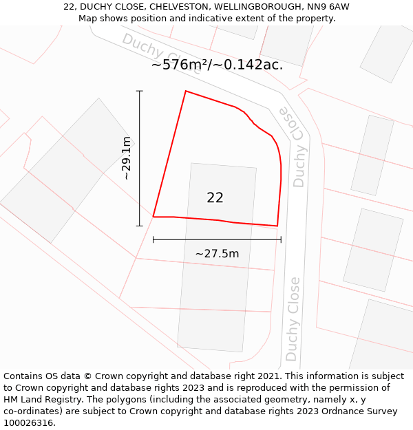 22, DUCHY CLOSE, CHELVESTON, WELLINGBOROUGH, NN9 6AW: Plot and title map