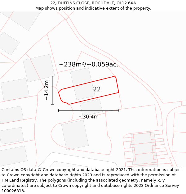 22, DUFFINS CLOSE, ROCHDALE, OL12 6XA: Plot and title map