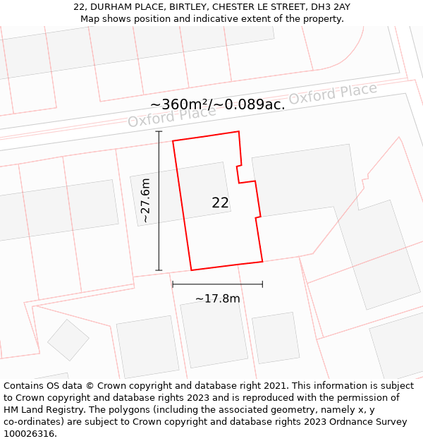 22, DURHAM PLACE, BIRTLEY, CHESTER LE STREET, DH3 2AY: Plot and title map