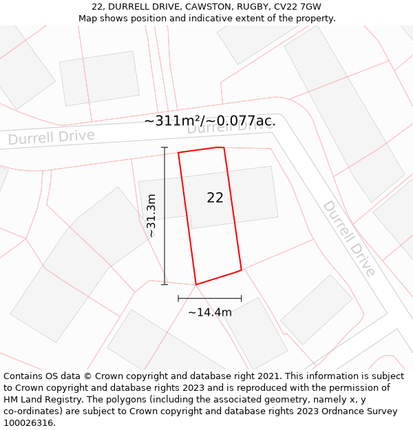 22, DURRELL DRIVE, CAWSTON, RUGBY, CV22 7GW: Plot and title map